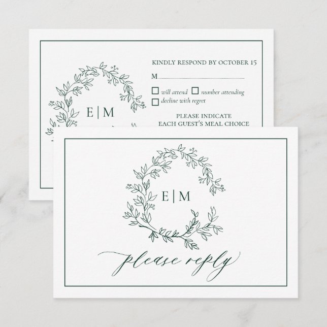 Emerald Green Leafy Crest Monograma Wedding RSVP (Frente/Verso)