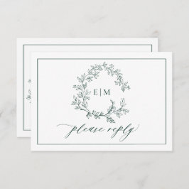 Emerald Green Leafy Crest Monograma Wedding RSVP