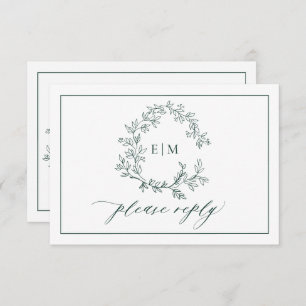 Emerald Green Leafy Crest Monograma Wedding RSVP