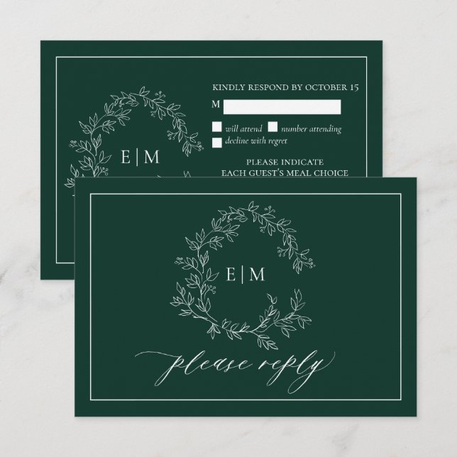 Emerald Green Leafy Crest Monograma Wedding RSVP (Frente/Verso)