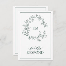 Emerald Green Leafy Crest Monograma Wedding RSVP