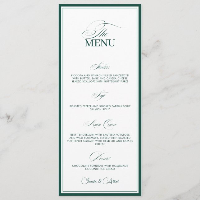 Emerald Green Old Money Wedding Dinner Menu Card (Frente)