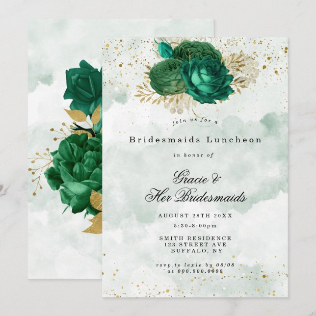 Emerald Green Peony Bridesmaids Luncheon Invite (Frente/Verso)