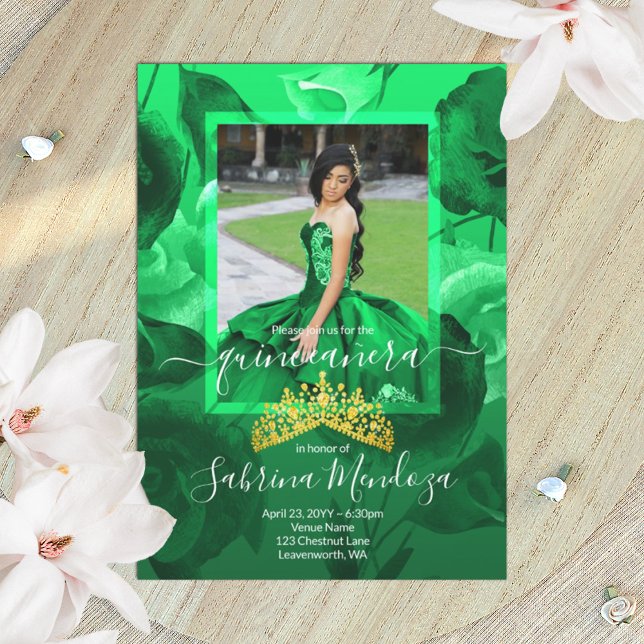 Emerald Green Quinceanera Dourado Convite Tiara (emerald green roses and gold tiara quinceanera invitation, elegant photo border)