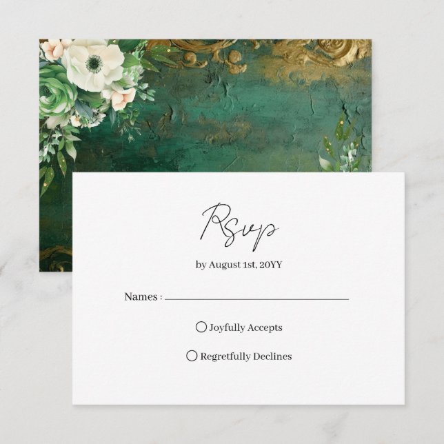 Emerald Green Romantic Floral Wedding RSVP Card (Frente/Verso)