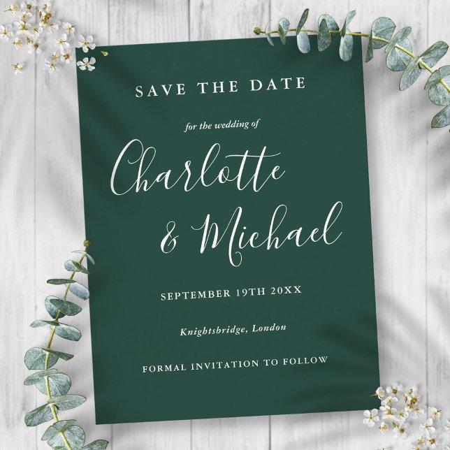Emerald Green Script Wedding Salvar o Cartão de Da (Emerald Green Script Wedding Save the Date Card)
