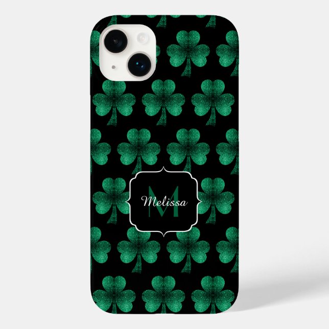 Emerald Green Sparkles Shamrock Black Monograma (Verso)