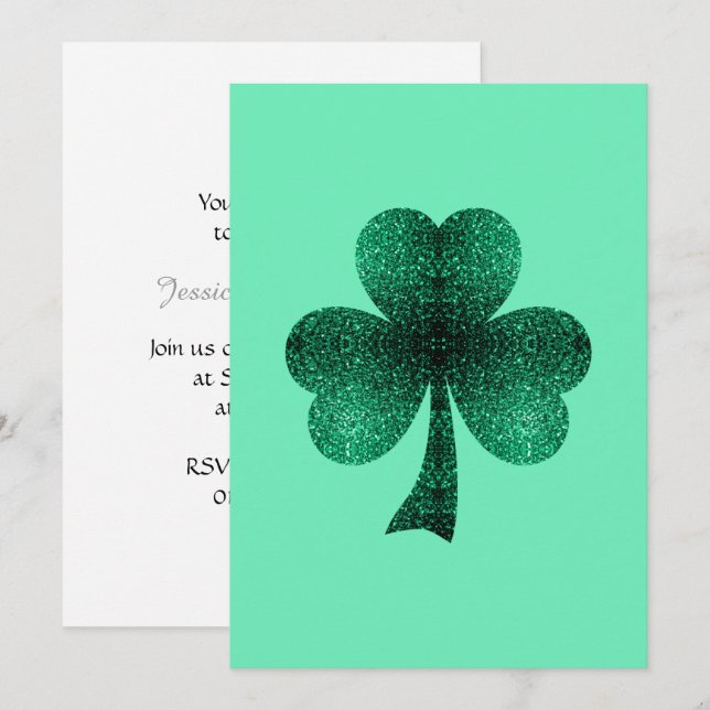 Emerald Green Sparkles Shamrock Clover Convite (Frente/Verso)