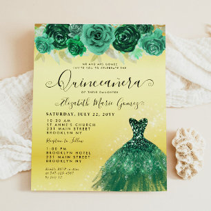Emerald Green Vestido Dourado Floral Quinceanera