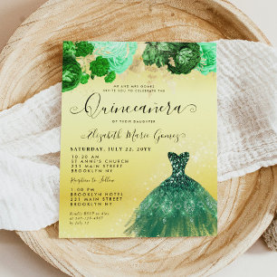 Emerald Green Vestido Dourado Floral Quinceanera