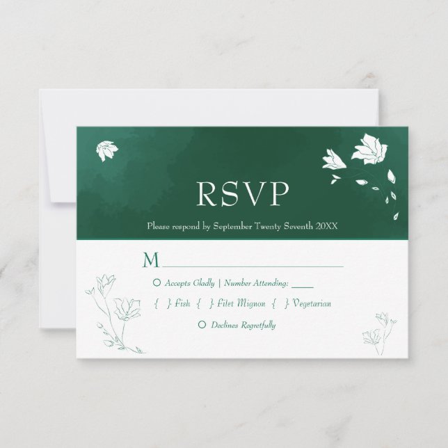Emerald Green Watercolor Floral Wedding RSVP (Frente)