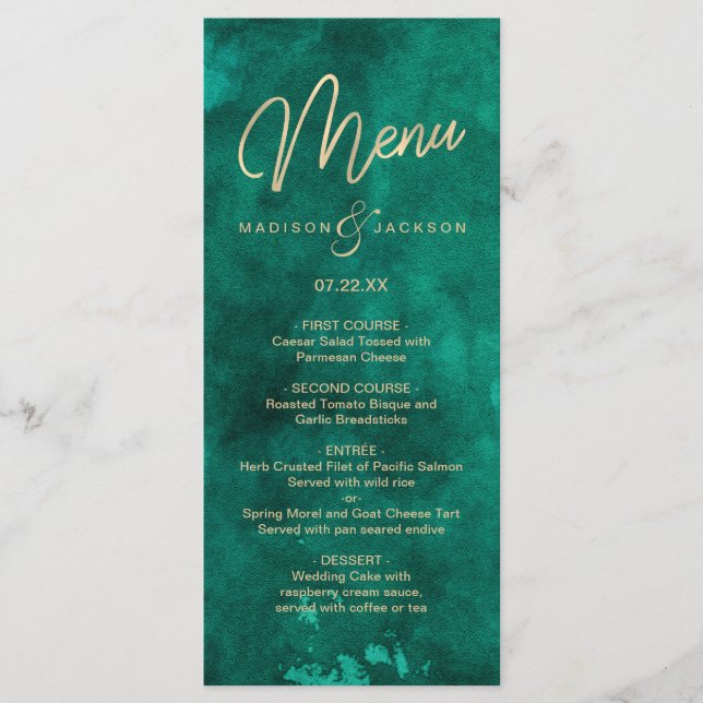 Emerald Green Watercolor Menu Janto Casamento Dour (Frente)