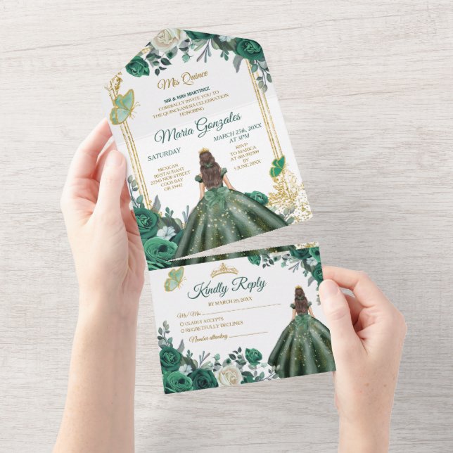 Emerald Verde Floral Princesa Dourada Quinceañera (Aba destacável)