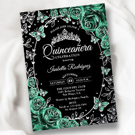 Emerlad Verde Prata Preto Rosas Quinceanera