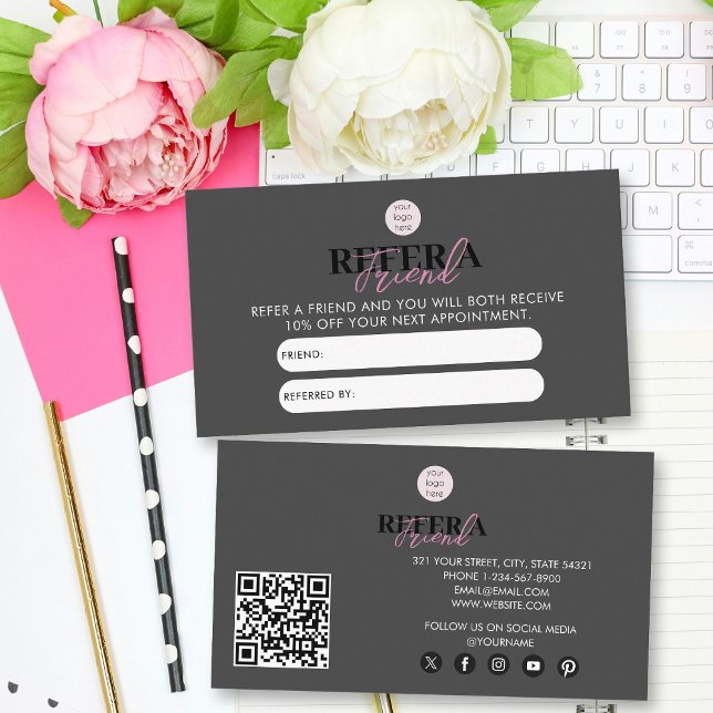Empresa Preta e Rosa Refere Um Cartão De Referênci (Black & Pink Business Refer A Friend Referral Card)