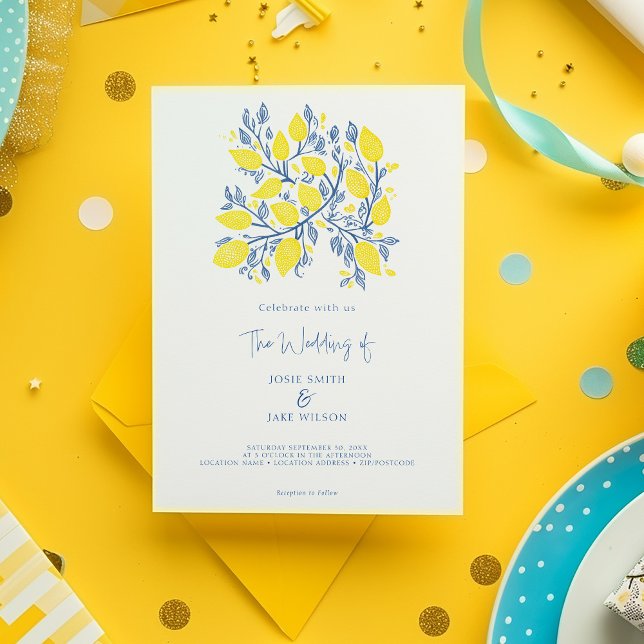 Encantando o Convite para Casamento com Vinha de L (Bright yellow and blue delightful lemon branch illustration wedding invitation.)