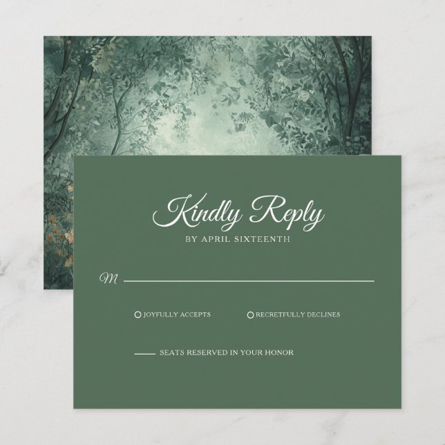 Enchanted Forest Dark Green Wedding RSVP (Frente/Verso)