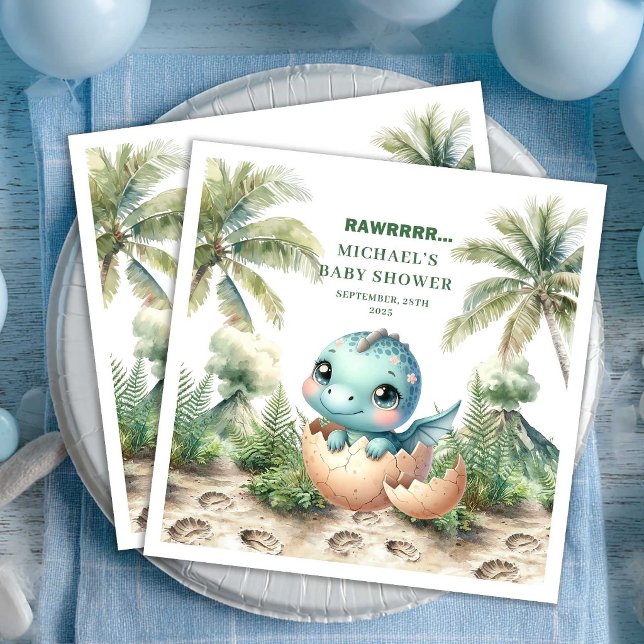 Encharme nascimento em breve guardanapos para chá  (Cute Dino Baby Shower Hatching Soon Name Napkins)