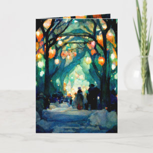 Encontro noturno com cartão de Natal com luzes col