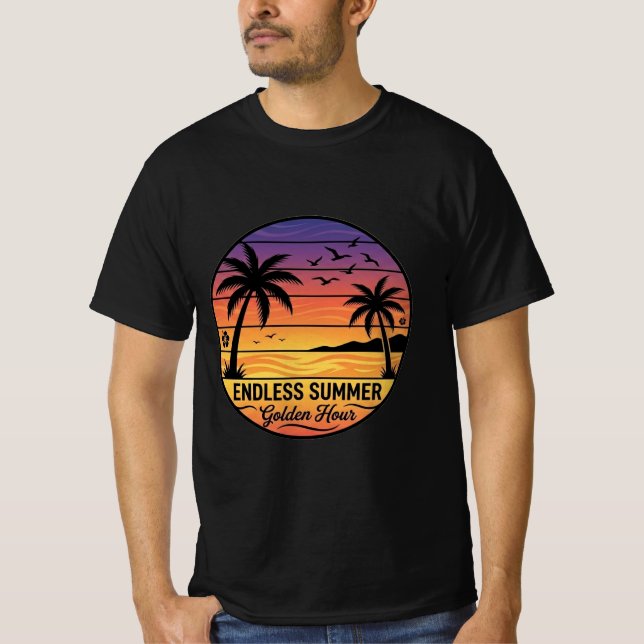 Endless Summer Retro Sunset Beach Palm T-Shirt (Frente)