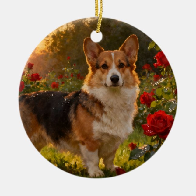 Enfeite Corgi nas Rosas IV (Frente)