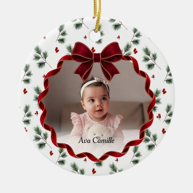 Enfeite de árvore de Natal com foto de criança e f (Frente)