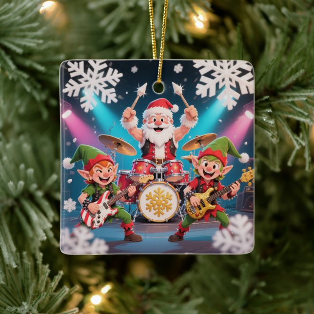 Enfeite de Banda de Rock de Papai Noel Tocando Tam (Árvore)