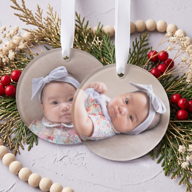 Enfeite de Bebê Recém-Nascido com 2 Fotos Personal (Personalized Simple 2 Photo Newborn Baby Keepsake Ornament)