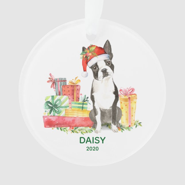 Enfeite de Boston Terrier com nome do cão (Frente)
