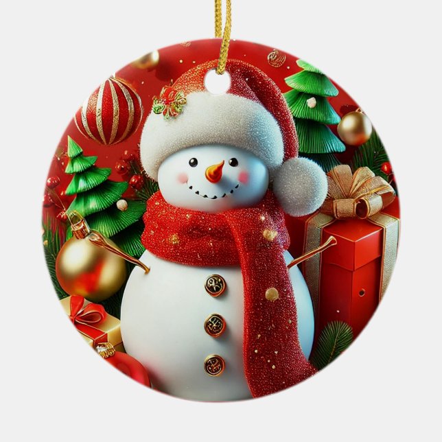 Enfeite de Cerâmica de Boneco de Neve Presente Aco (Frente)