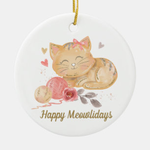 Enfeite de Cerâmica de Gato Fofo Feliz Mewolidays