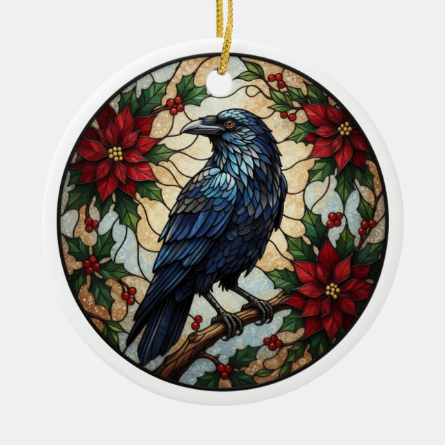 Enfeite de cerâmica de Natal gótico com corvo e po (Frente)