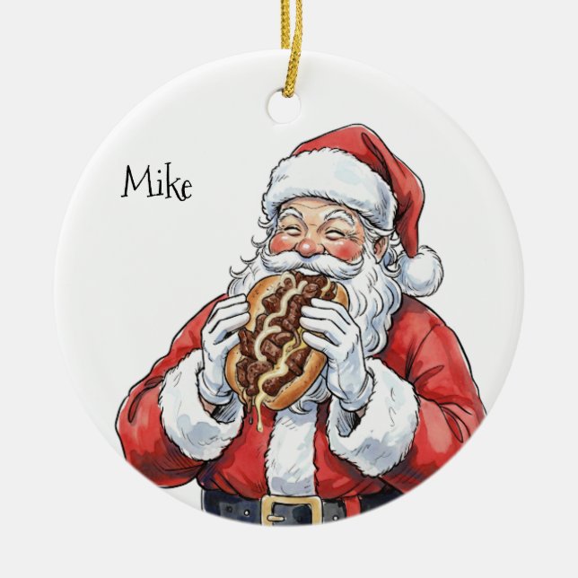 Enfeite de cerâmica do Papai Noel comendo Philly C (Frente)