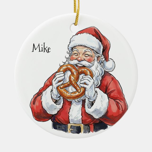 Enfeite de cerâmica do Papai Noel comendo pretzel  (Frente)
