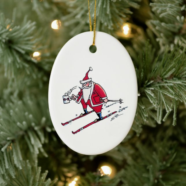 Enfeite de cerâmica oval de Papai Noel esquiando (Árvore)