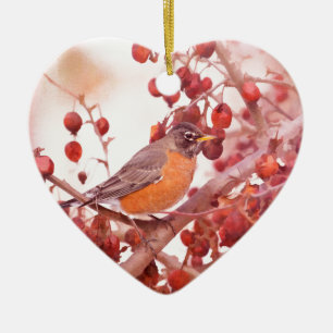 Enfeite de Cerâmica Robin Com Frutas Vermelhas