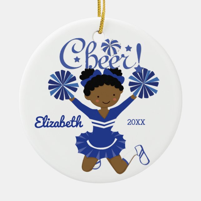 Enfeite de Cheerleader Afro-Americano Azul e Branc (Frente)