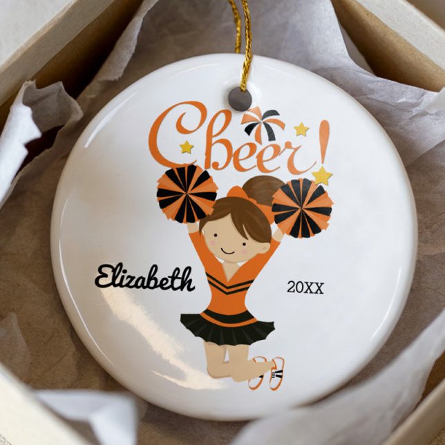 Enfeite de Cheerleader Morena de Laranja e Preto (Criador carregado)