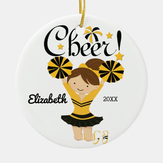 Enfeite de Cheerleader Morena de Preto e Dourado (Frente)