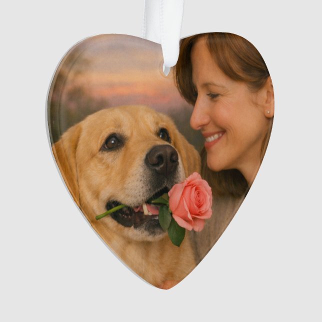Enfeite de Coração de Acrílico – Cachorro com Rosa (Frente)