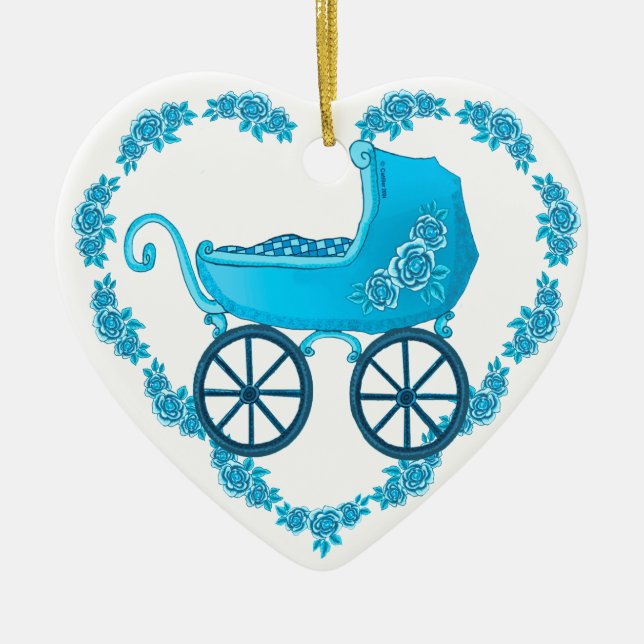 Enfeite de coração de carrinho de bebê azul (Frente)