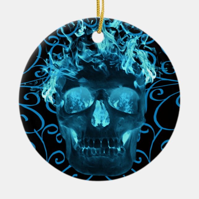 Enfeite de crânio flamejante azul (Frente)