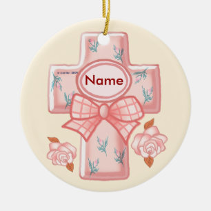 Enfeite de Cruz de Laço Rosa Cristão
