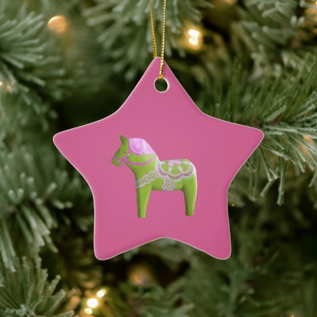 Enfeite de estrela de cavalo Dala rosa e verde (Árvore)