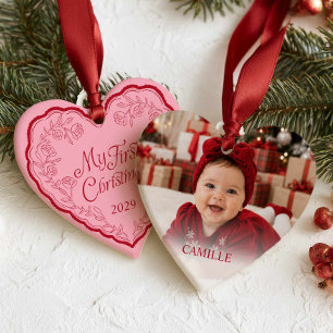 Enfeite de Foto Coração do Meu Primeiro Natal Rosa