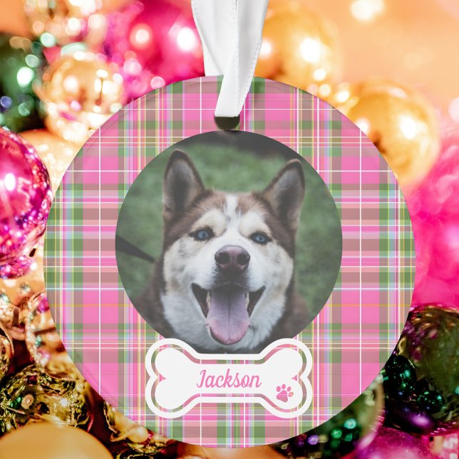 Enfeite de Foto de Animal de Estimação Personaliza (Custom Pet Photo Ornament Pink & Green Plaid Bone
)
