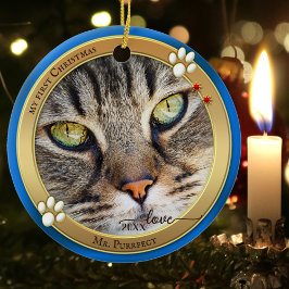 Enfeite de Foto de Gato Fofo Blue Gold