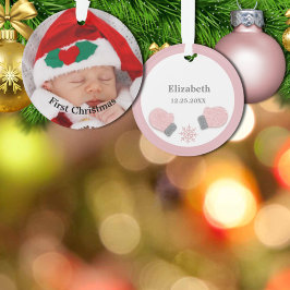 Enfeite de Foto de Luvas Rosa do Primeiro Natal do