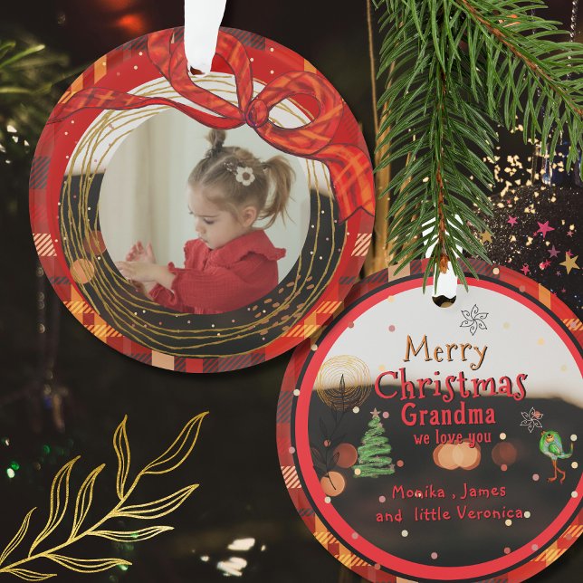 Enfeite de Foto Xadrez Vermelho com Fita Desenhada (Red Plaid Photo Ornament with Hand-Drawn Ribbon)