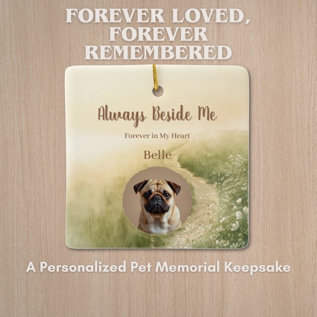 Enfeite de Memorial de Pet Ponte da Arco-Íris com  (Custom Rainbow Bridge memorial ornament with pet photo and personalized remembrance text.)